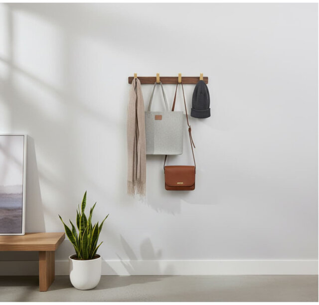 "15.7"" Walnut Gold Matt Metal-Wood Wall Mount Coat Rack - 4 Rustic Hooks"