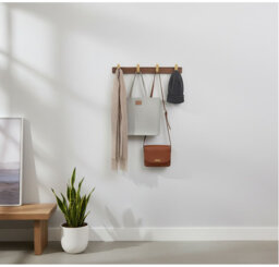 "15.7"" Walnut Gold Matt Metal-Wood Wall Mount Coat Rack - 4 Rustic Hooks"