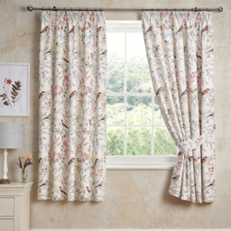 Pink Floral Bird Curtains W168 x L183cm 2 Panels Pencil Pleat