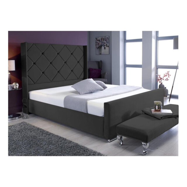 Descanso Chesterfield Velvet Upholstered Bed Frame - Buttoned Headboard, Chrome Feet
