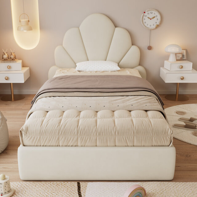 Velvet Upholstered Bed – Scalloped Petal Headboard, Modern & Stylish Frame