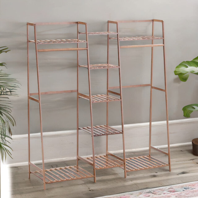 130cm Bamboo Open Wardrobe Garment Rail With Storage Shelves