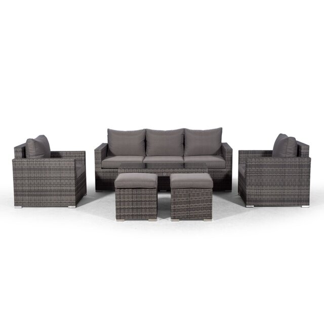 Villatoro Grey Rattan 3 Seat Sofa + 2 X Armchairs & 2 Stool Coffee Table, Outdoor Patio Garden Furniture
