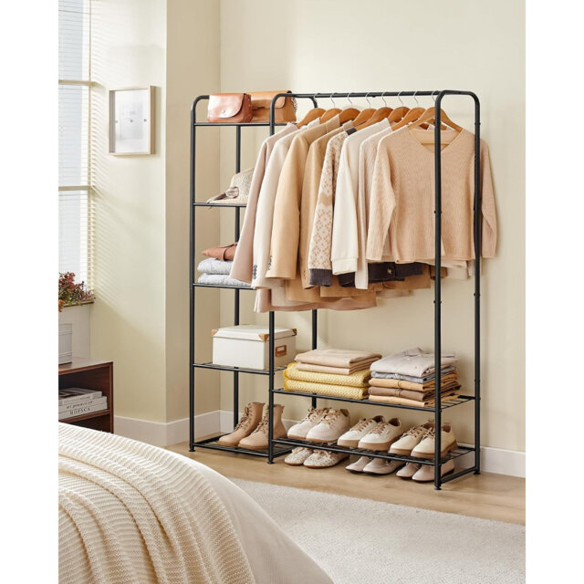 Clothes Rack, Open Wardrobe, Metal Freestanding Coat Rack with Shelves