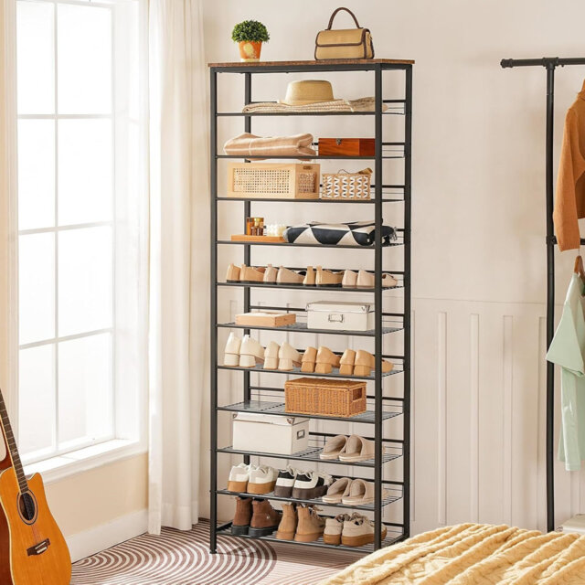12-Tier Tall Shoe Rack,44-55 Pairs Of Shoes,Adjustable Metal Shelves,Rustic Brown And Black