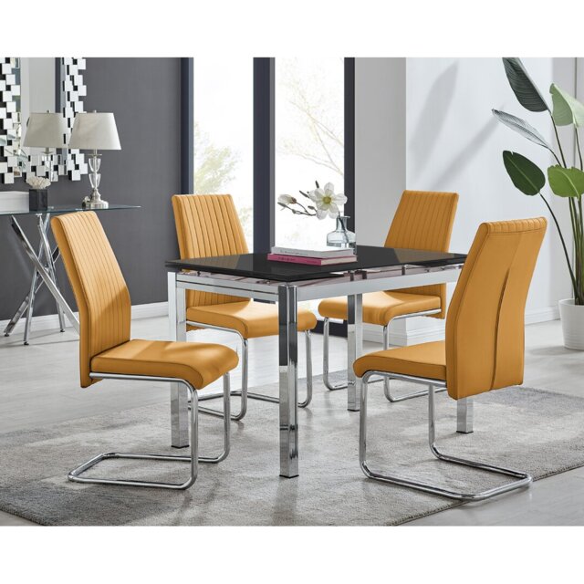 Tierra Modern Glass & Metal Extendable Dining Table Set & 4 Luxury Faux Leather Dining Chairs