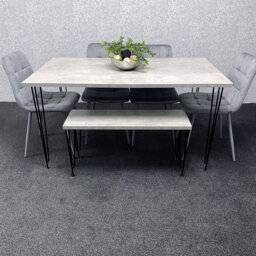 Dining Table with Hairpin Legs, Bench & 4 Velvet Chairs Set
