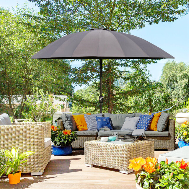 2.5m Grey Shanghai Garden Parasol, Outdoor Patio Umbrella With Crank Handle, Adjustable Tilt, 18 Fibreglass Ribs And Top Vent