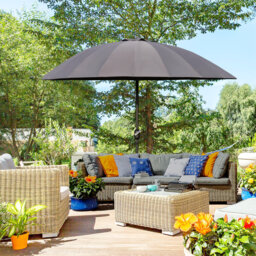 2.5m Grey Shanghai Garden Parasol, Outdoor Patio Umbrella With Crank Handle, Adjustable Tilt, 18 Fibreglass Ribs And Top Vent