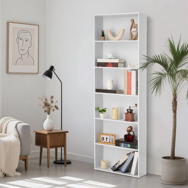 6 Tier Industrial Bookcase, 71.4in Tall Narrow Storage Shelf for Home Office, Brown