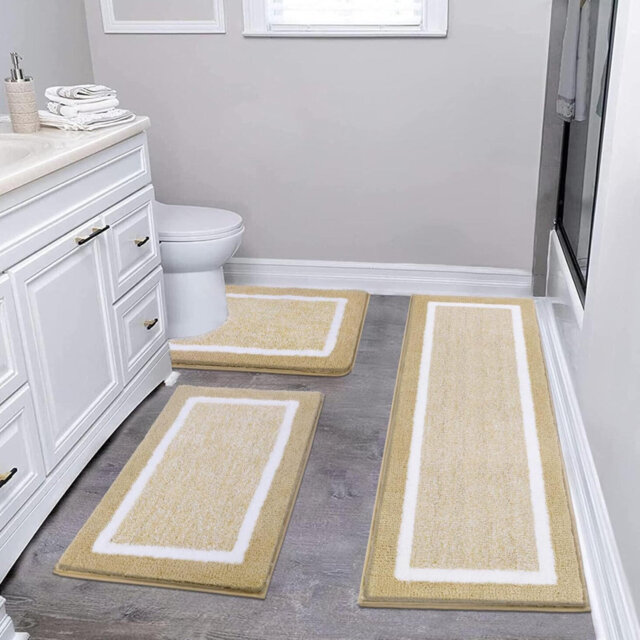 Ultra Soft Bathroom Mat Sets 3 Piece Luxury Non Slip Absorbent Bath And Toilet Mat Set Machine Washable Bath Floor Rug Shower Rug, Beige