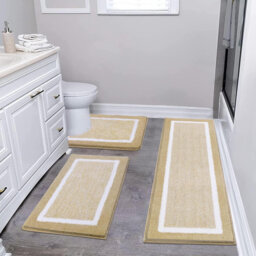 Ultra Soft Bathroom Mat Sets 3 Piece Luxury Non Slip Absorbent Bath And Toilet Mat Set Machine Washable Bath Floor Rug Shower Rug, Beige