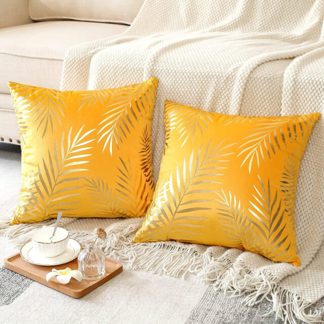 Yellow Velvet Set of 2 Leaves Decorative Pillow Cases 50x50cm Cushion Cover