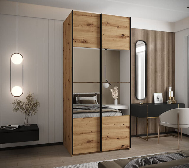 Modern Bernhardiene IV Sliding Door Wardrobe H2450mm - Mirrored Doors, Six Shelves, Hanging Rail, Oak Artisan