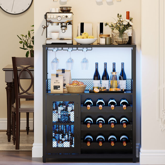 Modern 3-Tier Wine Bar Cabinet with LED Lights – Removable Wine Rack, Glass Holder, Adjustable Shelves, Mesh Door – Compact Storage Sideboard for Dini