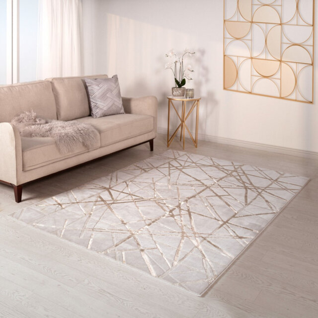 Gold Abstract Easy To Clean Modern Rug For Living Room, Bedroom And Dining Room