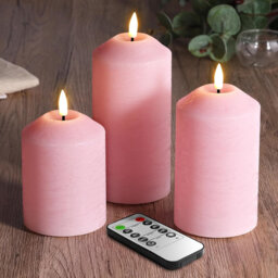 3 Pack Pink Flameless Pillar Candles with Remote: Real Wax, Flickering, Battery-Operated LED Candles