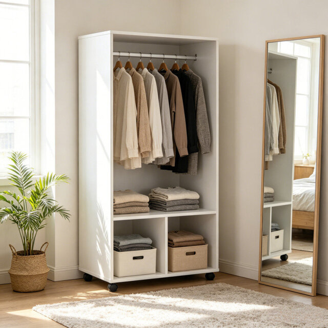 White Freestanding Open Wardrobe with Wheels, Clothes Hanging Rail and 2 Storage Shelves, Mobile Garment Organiser for Bedroom, Hallway or Cloakroom