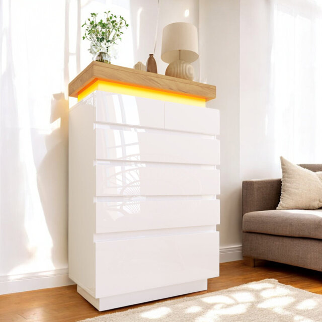 White High-Gloss Sideboard With 6 Drawers Storage With RGB LED(App-Controlled) Multi-Purpose Cabinet