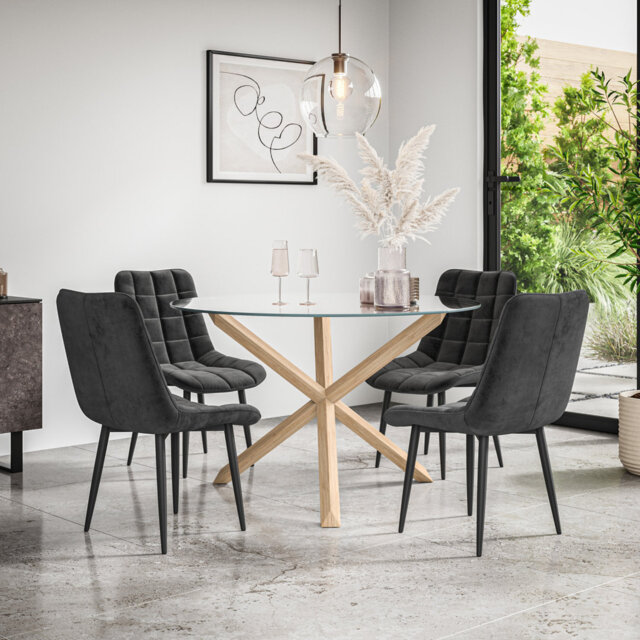 Malvern 120cm Round Clear Glass Dining Table Set with 4 Nova Velvet Chairs