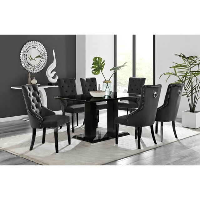 Edzard Double Pedestal High Gloss Dining Table Set with 6 Luxury Velvet Dining Chairs