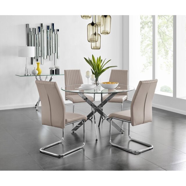 Tierra Modern Chrome Metal & Glass Round Dining Table Set with 4 Upholstered Faux Leather Chairs