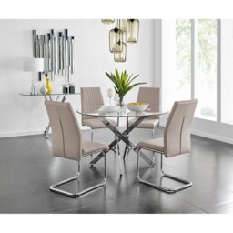Tierra Modern Chrome Metal & Glass Round Dining Table Set with 4 Upholstered Faux Leather Chairs