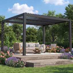 Outdoor Pergola With Adjustable Louvered Roof & Integrated Drainage, Heavy-Duty Metal Louvered Pergola For Patios, Without Curtains & Netting
