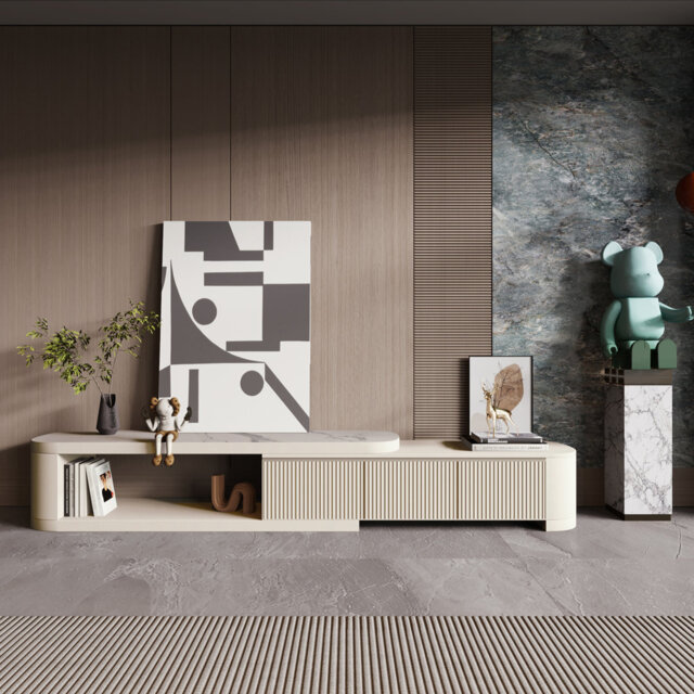 Extendable Modern Wood TV Stand With Faux Marble Countertop, Media Console With 3 Drawers, Fully Assembled