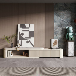 Extendable Modern Wood TV Stand With Faux Marble Countertop, Media Console With 3 Drawers, Fully Assembled