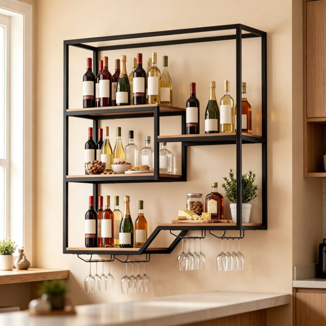 Wine Bottle & Glass Rack Rustic Brown + Black