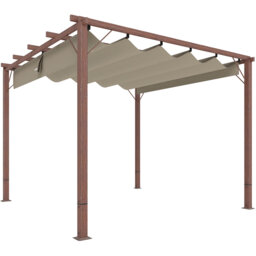 3 X 3m Retractable Roof Pergola, Natural Wood Effect Aluminium Frame, Upf30+ 180gsm Coated Canopy With Magnetic Fastening, 8 Ground Stakes & 8 Anchor