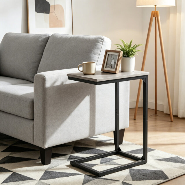 C-Shaped Side Table, Metal Frame Sofa End Table, Space-Saving Bedside Coffee Table for Living Room Bedroom, Gray UHET02CGY-1