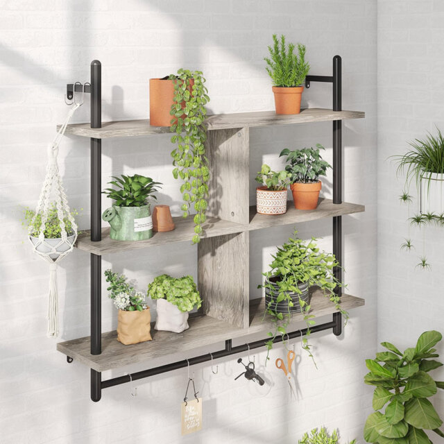 3 Tier Floating Pipe Shelving 115CM Industrial Wall Mounted Ladder Shelf Hanging With Circular Tube With Hooks Wood Display Storage Home Decor Book Sh