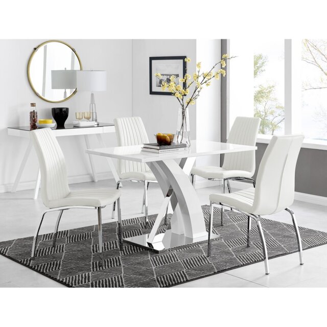 Marietta Chrome Metal and White High Gloss Dining Table Set - 4 Luxury Soft Touch Dining Chairs