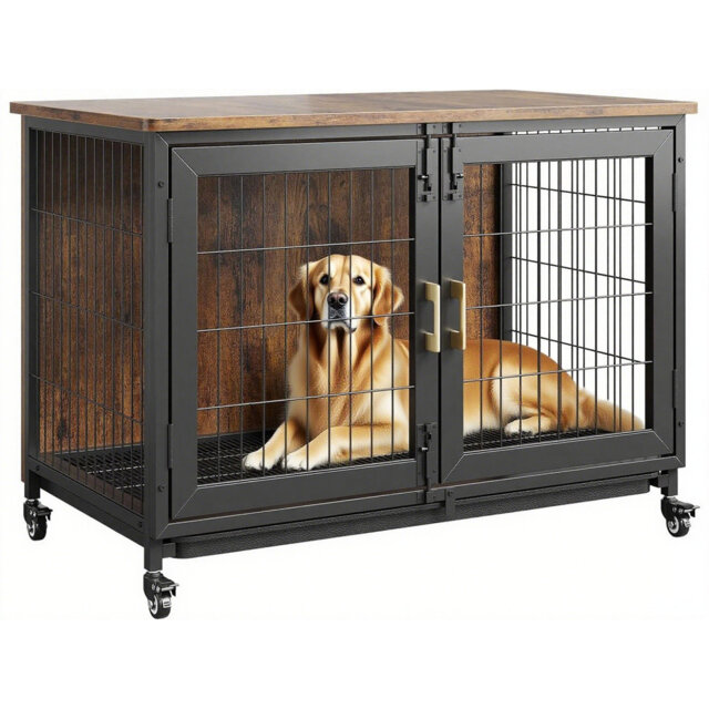 37.4 Inch Large Dog Crate Furniture, Heavy Duty Dog Kennel Furniture with Wheels, Grid Base, Removable Base, Decorative Dog Cage Crate Table, Indoor D