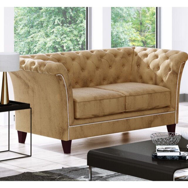 Chesterfield  Sofa 2 Seater Made of Velvet Fabric with Solid Wood Legs