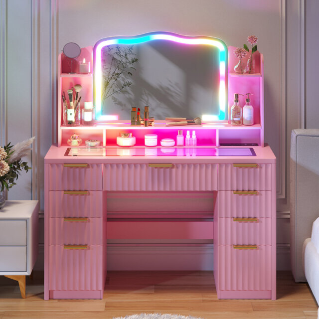 Modern Large Dressing Table with 9 Drawers, Tempered Glass Top, RGB Light Mirror, and Charging Station