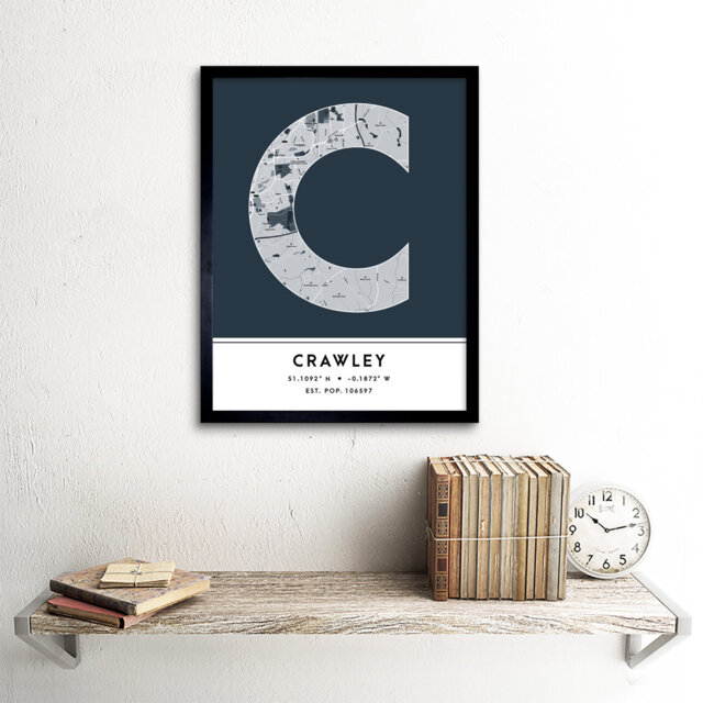 Crawley England United Kingdom City Map Navy Colour Block Modern Typography Stylish Letter Framed Word Wall Art Print Poster
