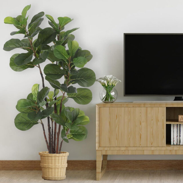 4Ft Faux Fiddle Leaf Fig Tree, Artificial Ficus Lyrata Silk Trees with Black Pot, Fake Floor Plants with 72 Fiddle Leaves for Indoor Outdoor