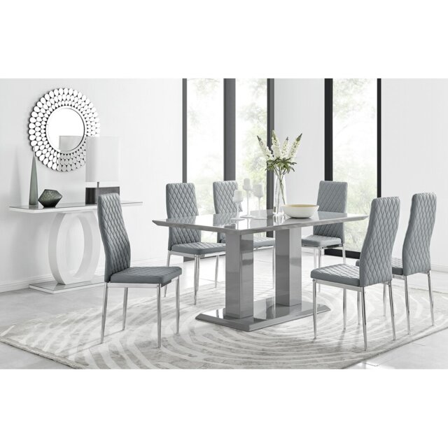 Edzard Double Pedestal High Gloss Dining Table Set with 6 Luxury Faux Leather Dining Chairs