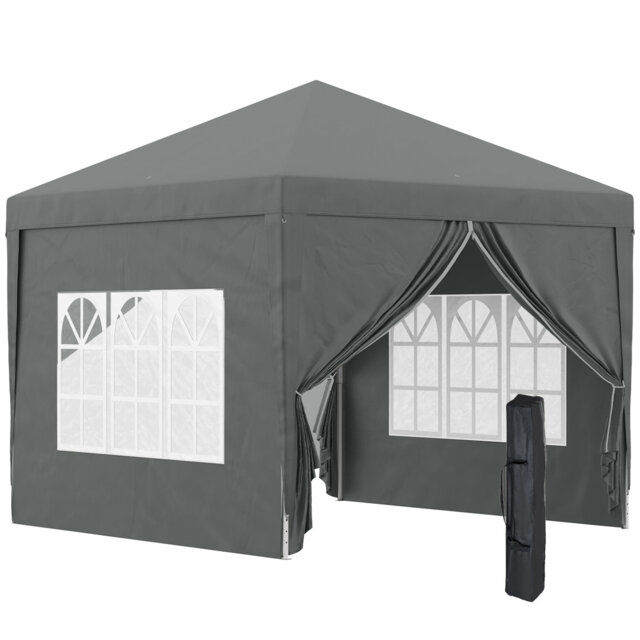3x3m Water Resistant Pop Up Gazebo, Outdoor Garden Party Tent With 2 Windows, Removable Walls, Zip Door & Carry Bag, Grey