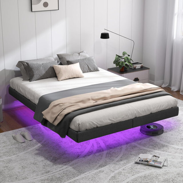 Floating Bed Frame With LED Lights, Metal Platform Bed Frame With Under Bed Storage, Heavy Duty Steel Slats Support, No Box Spring Needed, Noise Free,