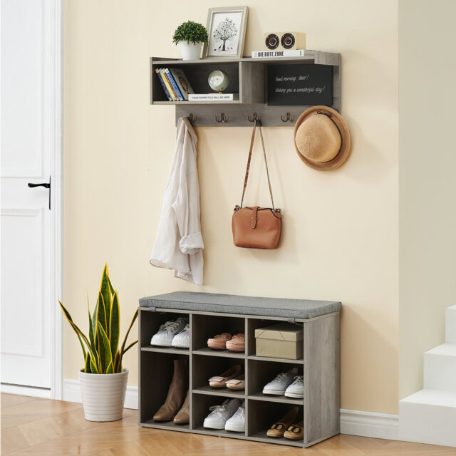 Hall Tree Shoe Bench Industrial 6 In 1 Coat/shoe Rack With 5 Hooks, 9 Storage Cubbies With Bookshelf And Small Blackboard
