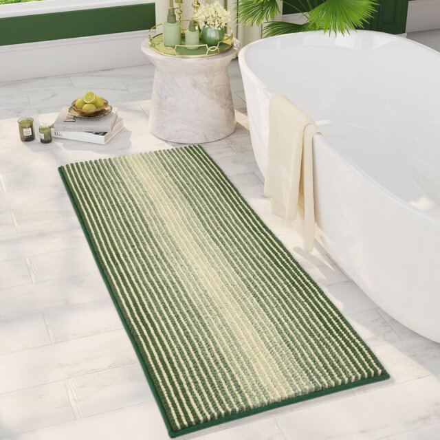 "Sage & Cream Chenille Bath Mat Runner - Non-Slip, Water-Absorbent - 20x47"" - Machine Washable Bathroom Rug"
