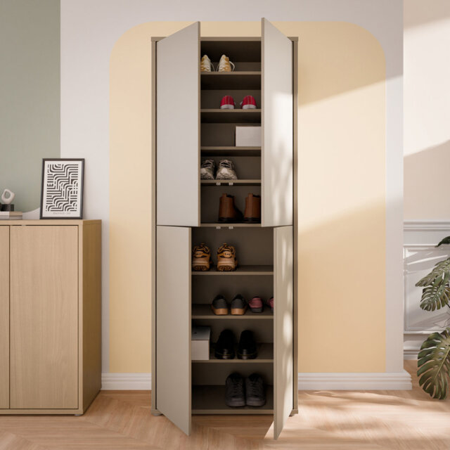 Modern minimalistic shoe cabinet with 4 doors, entryway cabinet, engineered wood, warm taupe, 74.5 cm W x 191.9 cm H x 34.9 cm D