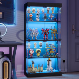 Glass Display Cabinets with Lights, Intelligent Human Sensor, Adjustable Shelves, Bookcase for Living Room, Glass Display Cupboard for Collectibles Tr