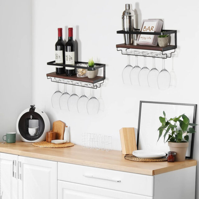 2 Pack Modern Wall Mounted Wine Rack With Glass Holder,Black And Brown