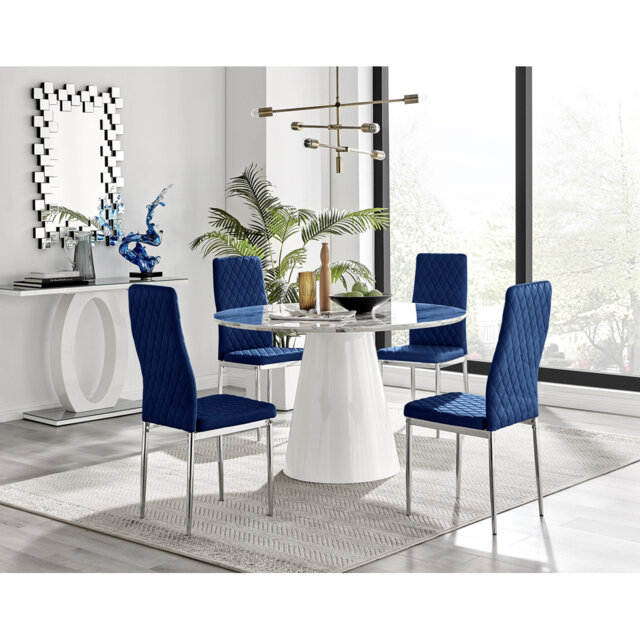 Beca Statement Pedestal Round Dining Table Set & 4 Luxury Velvet Dining Chairs