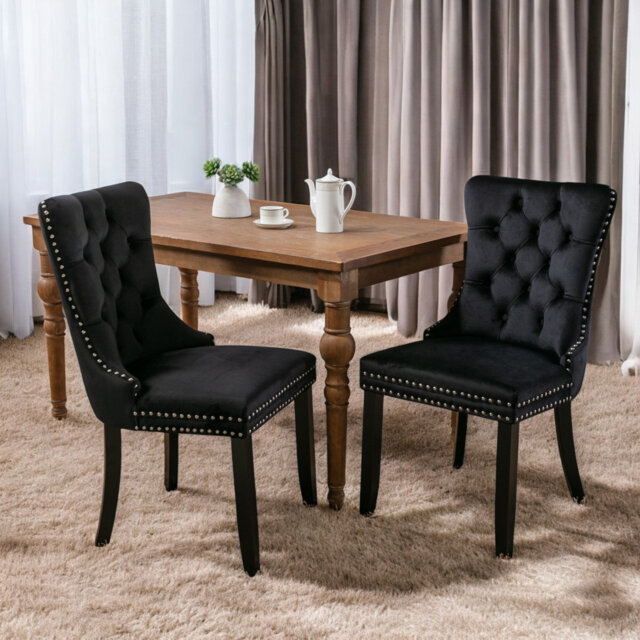 Miya Upholstered Velvet Dining Chair Button Tufted with Brushed Wood Legs Kitchen Lounge Chairs
